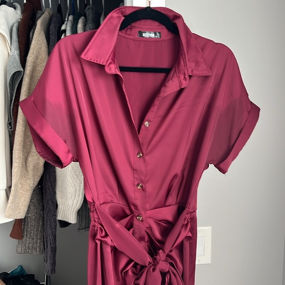 Amazon BTBFM Satin-like Burgundy Button-Up Dress, worn once - Picture 3 of 8